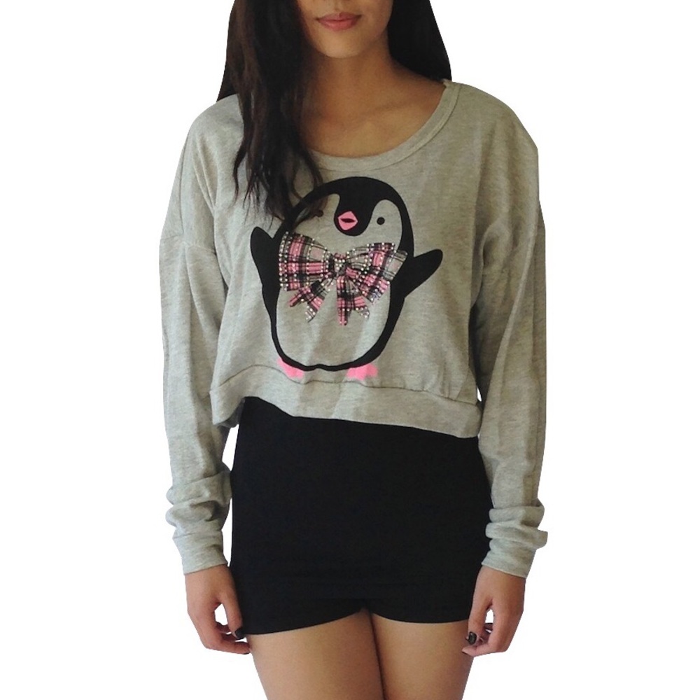 ✨New🌸French Terry Penguin Graphic Crop Sweater
